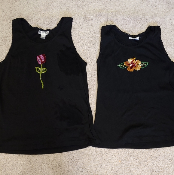 Sequin Flower Beaded Ribbed Black Tank 2pc - Picture 1 of 8